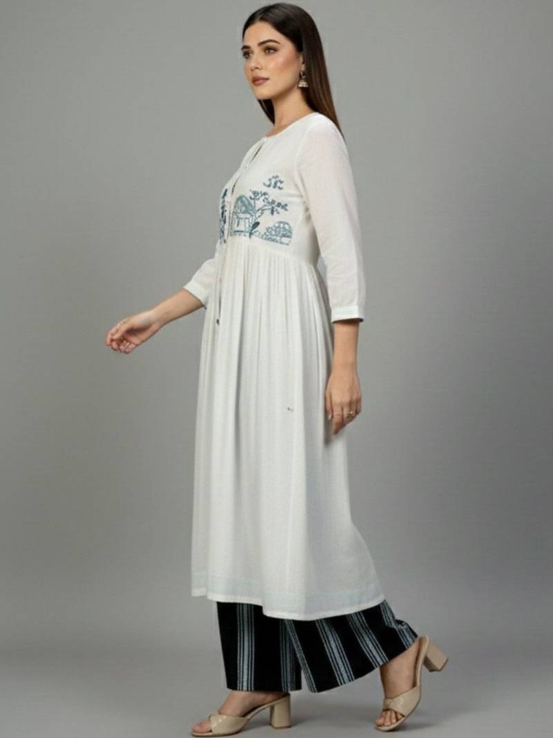 Cotton Thread Embroidered A Line Solid Kurta With Printed Palazzos