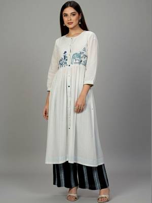 Cotton Thread Embroidered A Line Solid Kurta With Printed Palazzos 4