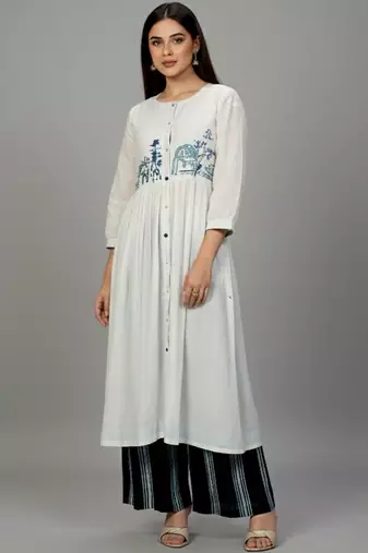 Cotton Thread Embroidered A Line Solid Kurta With Printed Palazzos