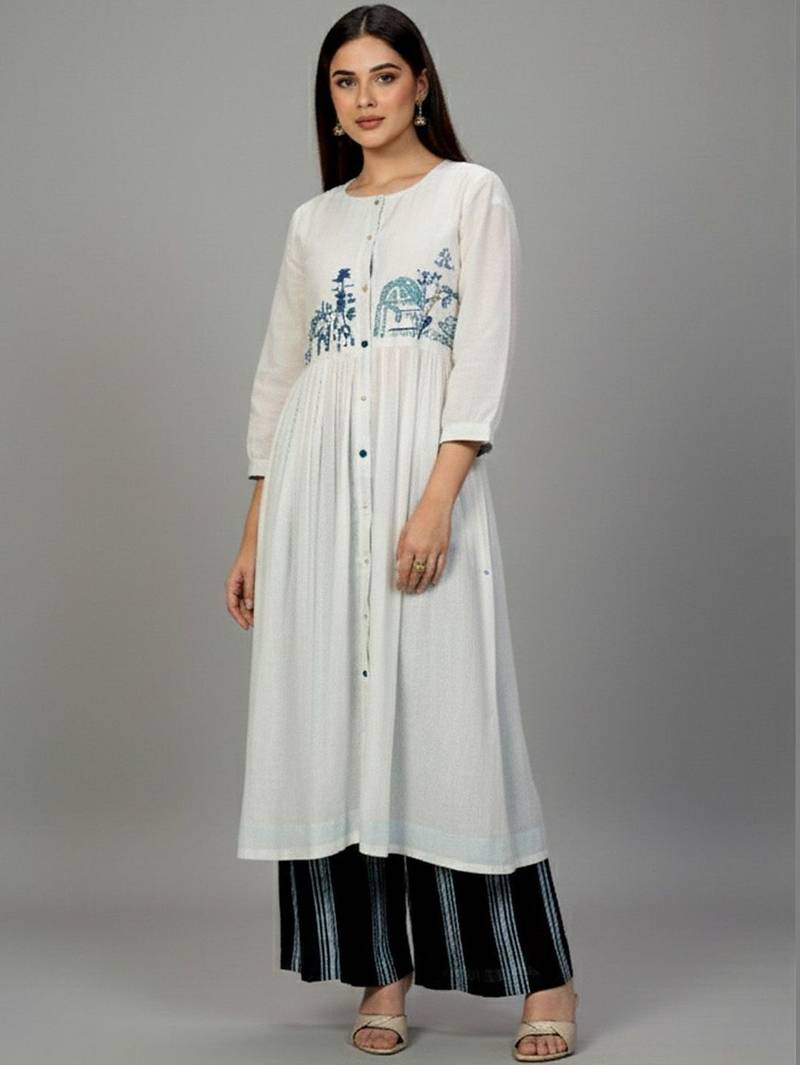Cotton Thread Embroidered A Line Solid Kurta With Printed Palazzos