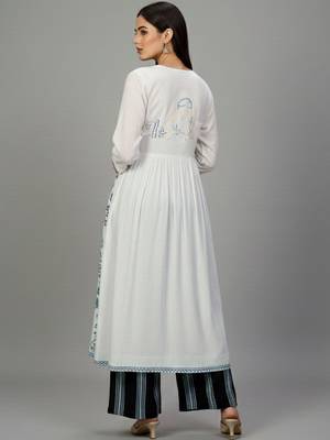 Cotton Thread Embroidered A Line Solid Kurta With Printed Palazzos 5