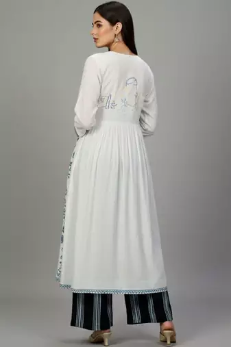 Cotton Thread Embroidered A Line Solid Kurta With Printed Palazzos