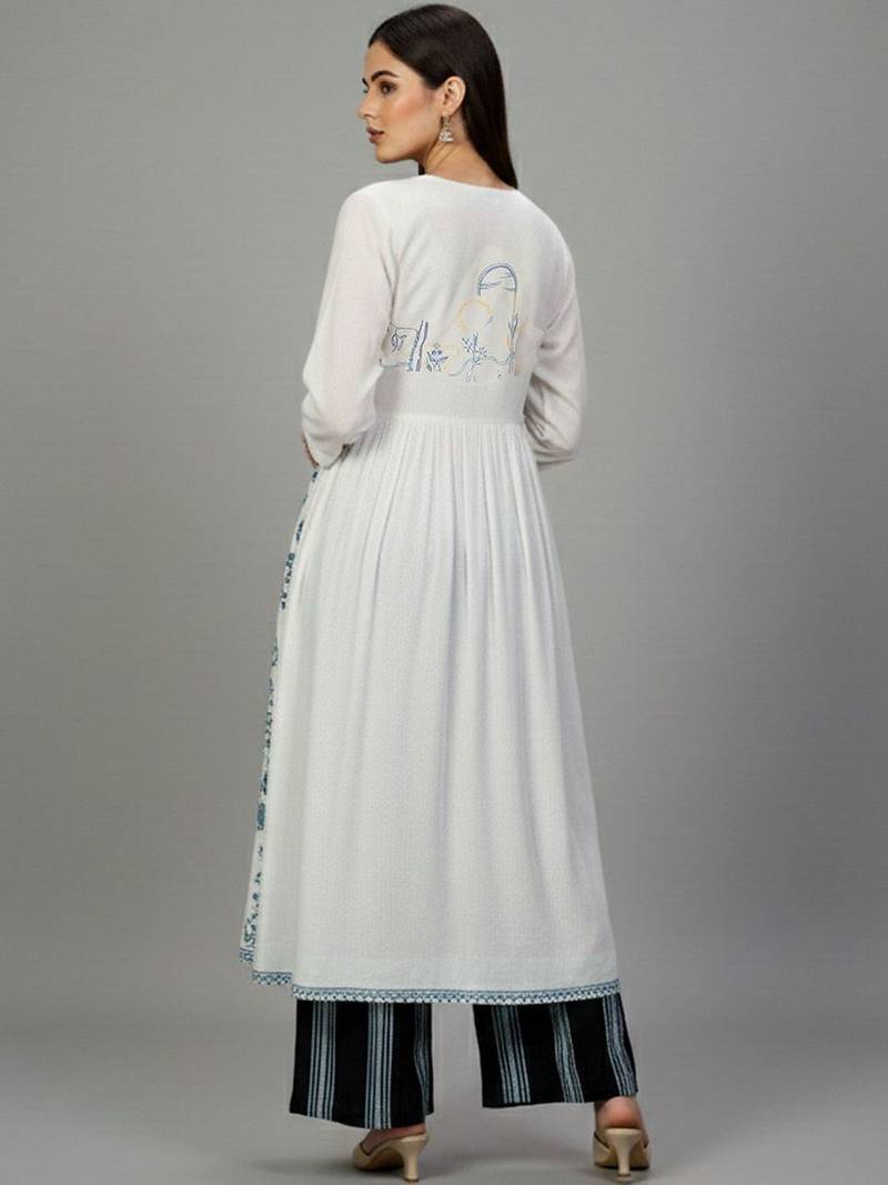 Cotton Thread Embroidered A Line Solid Kurta With Printed Palazzos