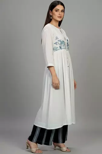 Cotton Thread Embroidered A Line Solid Kurta With Printed Palazzos