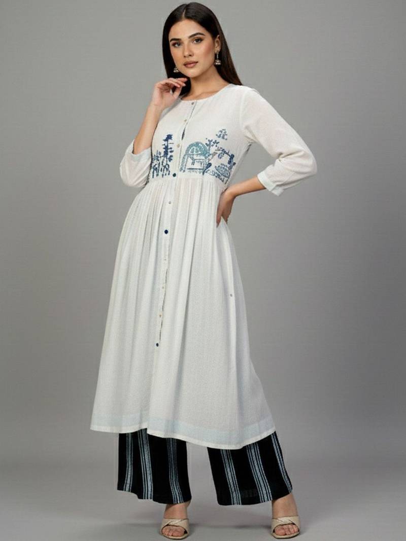 Cotton Thread Embroidered A Line Solid Kurta With Printed Palazzos