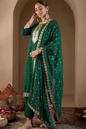 Women Ethnic Motifs Embroidered Regular Sequinned Kurta with Trousers & With Dupatta