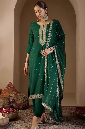 Women Ethnic Motifs Embroidered Regular Sequinned Kurta with Trousers & With Dupatta