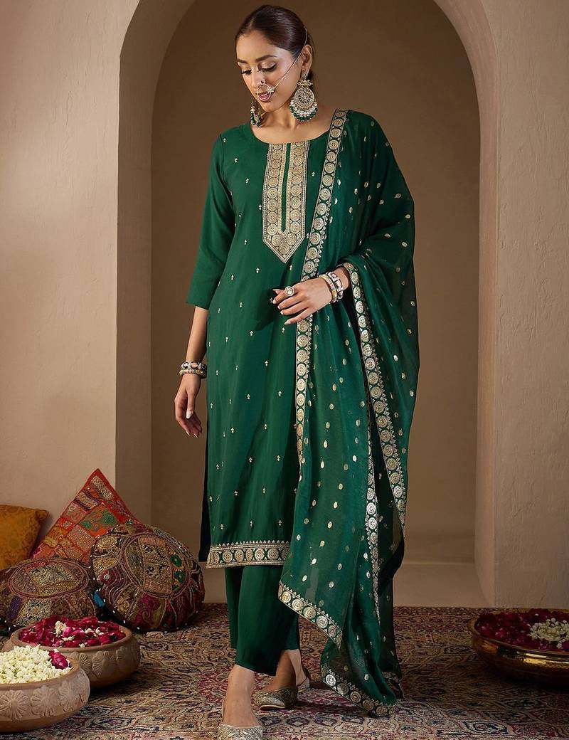 Women Ethnic Motifs Embroidered Regular Sequinned Kurta with Trousers & With Dupatta