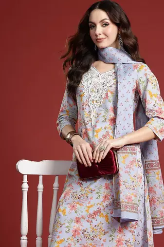 Floral Printed Pure Cotton Kurta with Salwar & With Dupatta