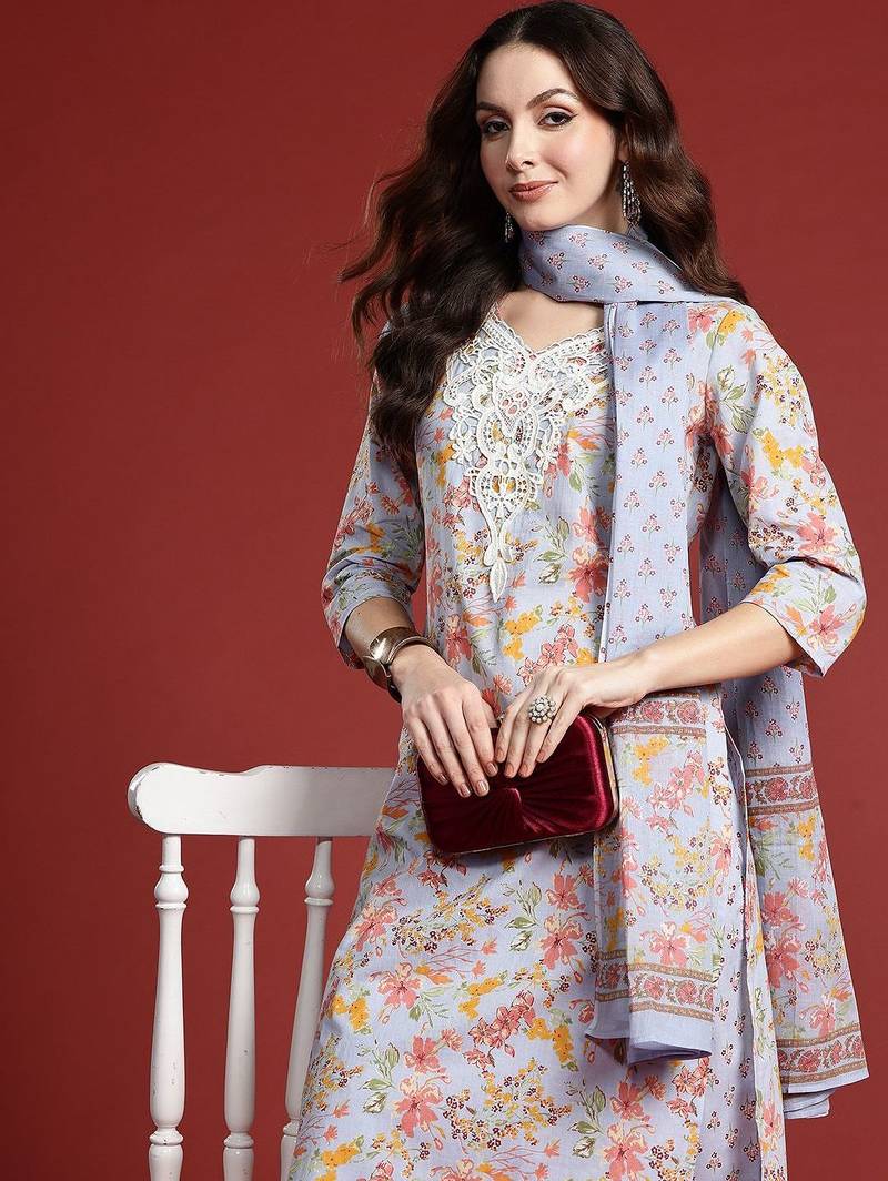 Floral Printed Pure Cotton Kurta with Salwar & With Dupatta