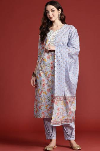Floral Printed Pure Cotton Kurta with Salwar & With Dupatta