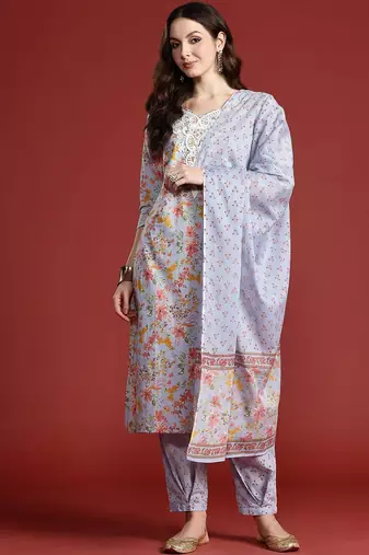 Floral Printed Pure Cotton Kurta with Salwar & With Dupatta