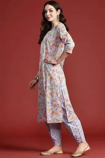 Floral Printed Pure Cotton Kurta with Salwar & With Dupatta
