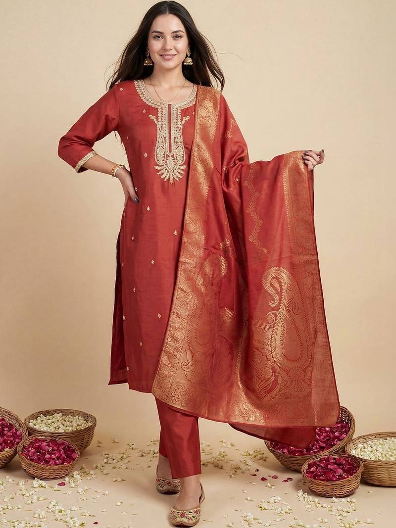 Women Ethnic Motifs Embroidered Regular Kurta with Trousers & With Dupatta