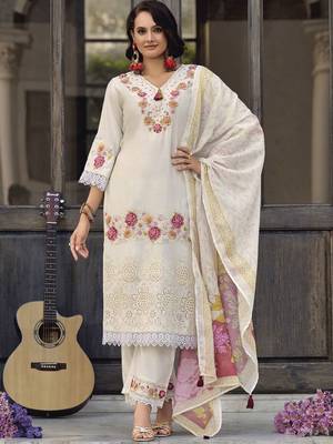 Floral Embroidered Thread Work Pure Cotton Straight Kurta With Trousers & Dupatta 1