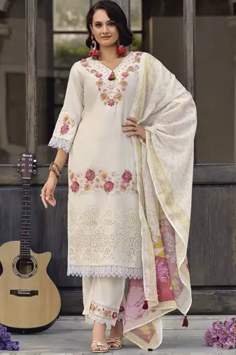 Floral Embroidered Thread Work Pure Cotton Straight Kurta With Trousers & Dupatta