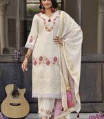 Floral Embroidered Thread Work Pure Cotton Straight Kurta With Trousers & Dupatta