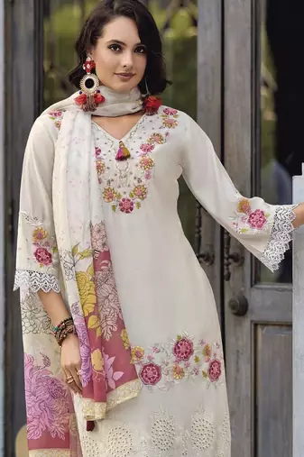 Floral Embroidered Thread Work Pure Cotton Straight Kurta With Trousers & Dupatta