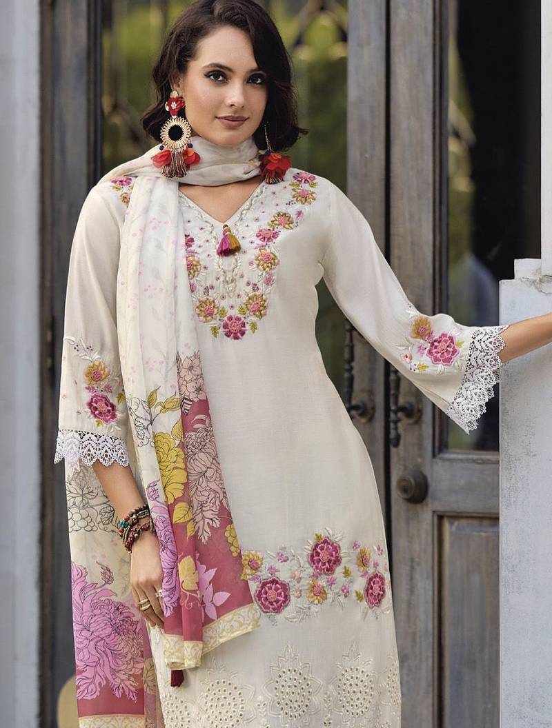 Floral Embroidered Thread Work Pure Cotton Straight Kurta With Trousers & Dupatta