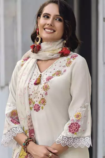 Floral Embroidered Thread Work Pure Cotton Straight Kurta With Trousers & Dupatta