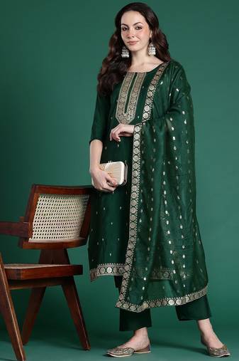 Ethnic Motifs Embroidered Regular Kurta with Trousers & Dupatta