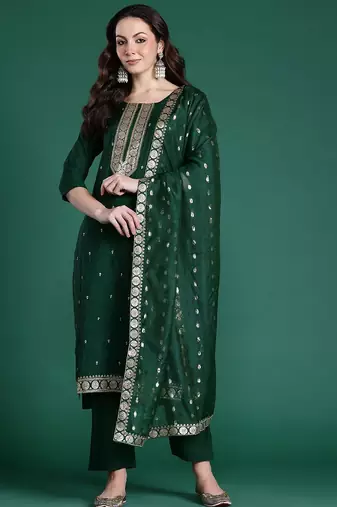 Ethnic Motifs Embroidered Regular Kurta with Trousers & Dupatta