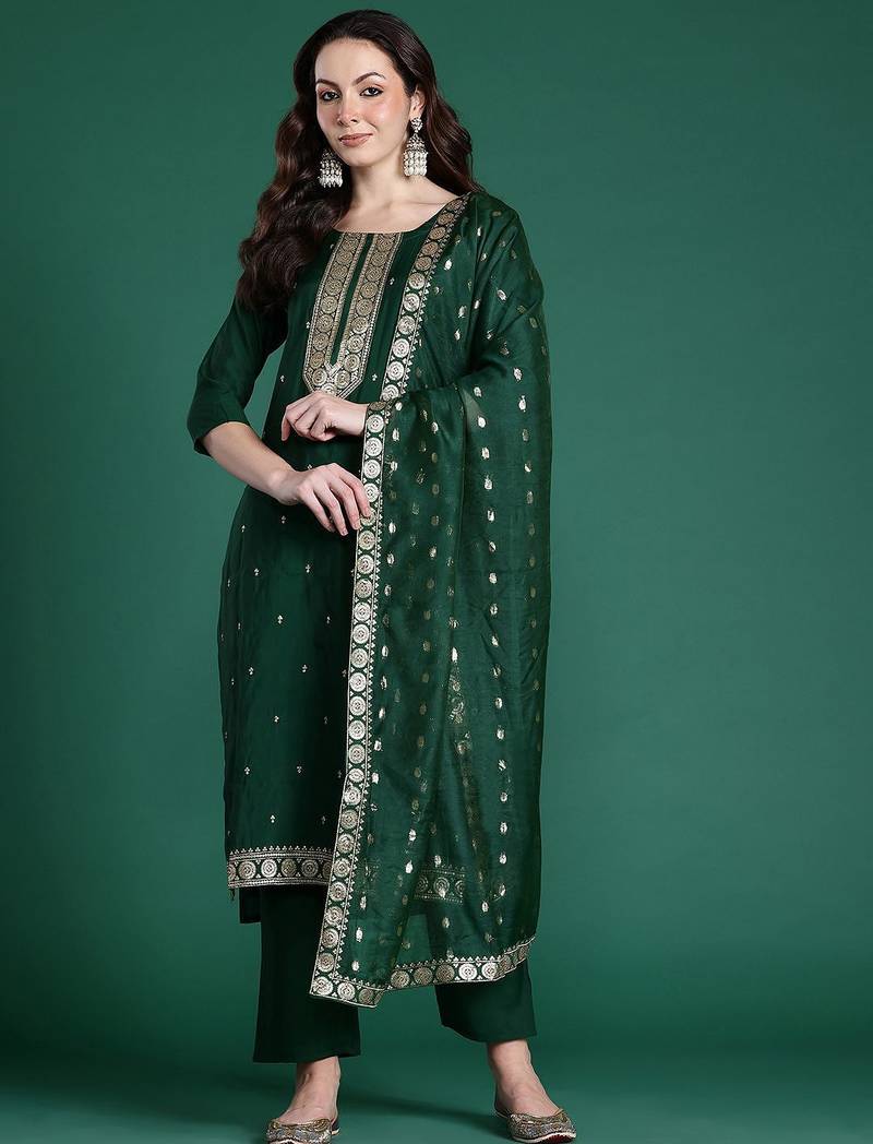 Ethnic Motifs Embroidered Regular Kurta with Trousers & Dupatta