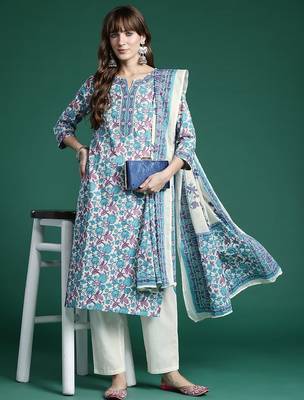 Floral Printed Regular Pure Cotton Kurta with Trousers & Dupatta 1