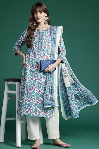 Floral Printed Regular Pure Cotton Kurta with Trousers & Dupatta