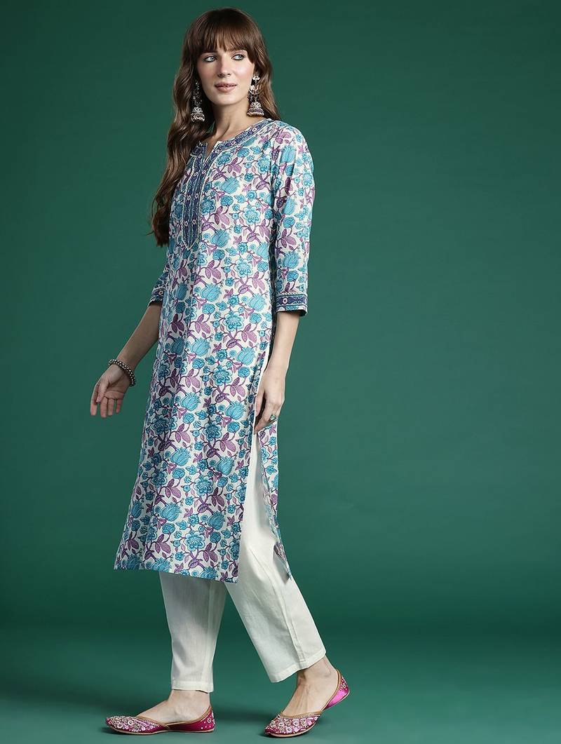Floral Printed Regular Pure Cotton Kurta with Trousers & Dupatta
