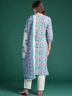 Floral Printed Regular Pure Cotton Kurta with Trousers & Dupatta 6