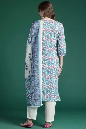 Floral Printed Regular Pure Cotton Kurta with Trousers & Dupatta