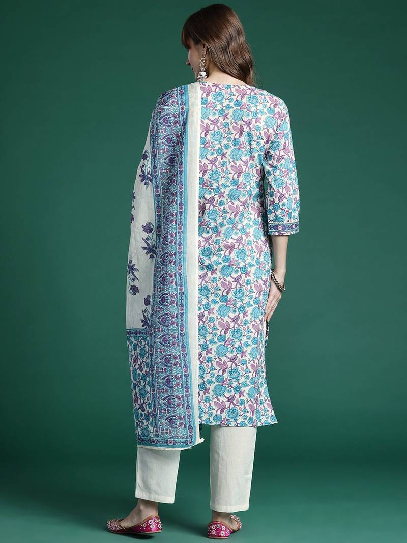Floral Printed Regular Pure Cotton Kurta with Trousers & Dupatta