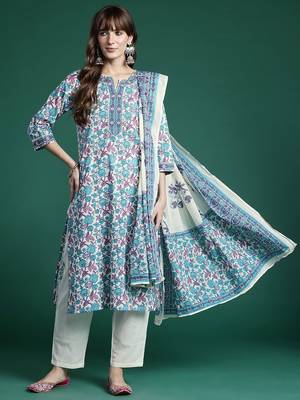 Floral Printed Regular Pure Cotton Kurta with Trousers & Dupatta 7