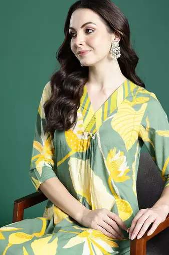 Floral Printed Pleated Sequinned Pure Cotton Kurta with Palazzos