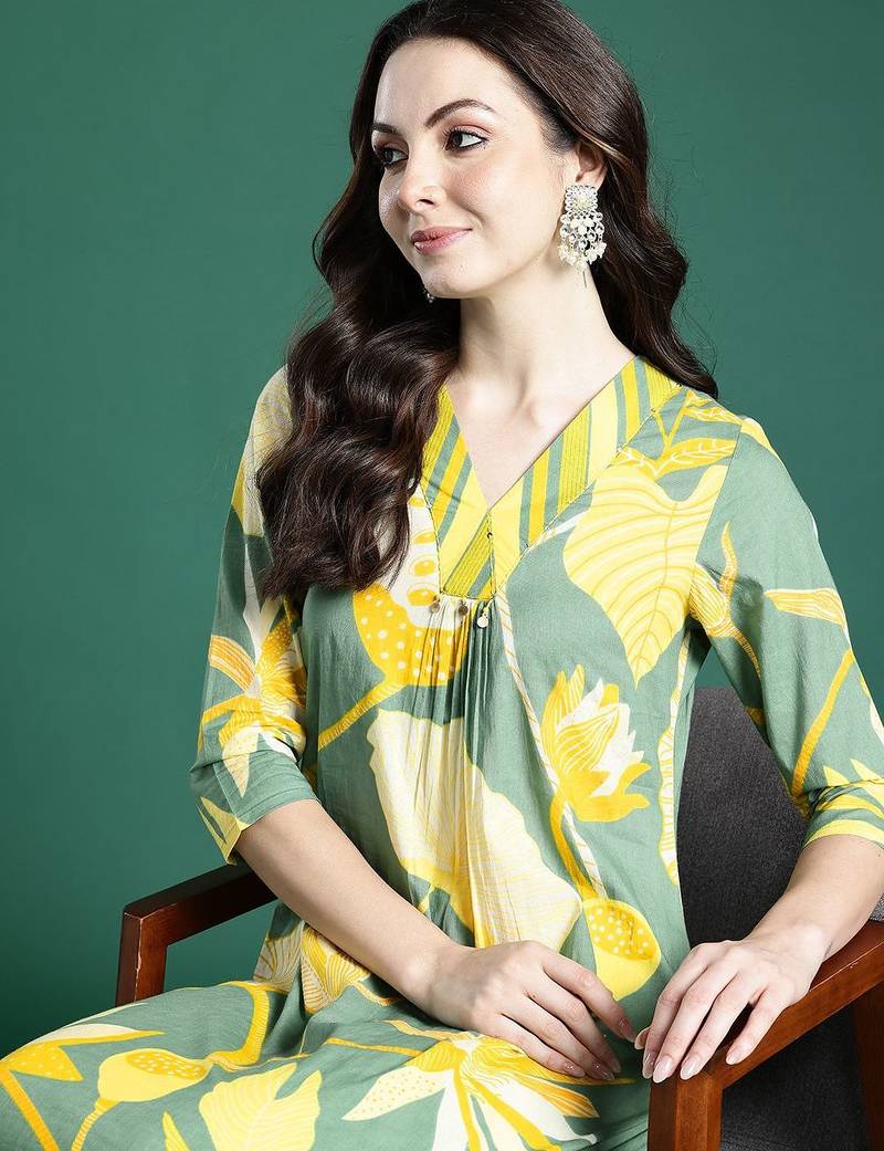 Floral Printed Pleated Sequinned Pure Cotton Kurta with Palazzos