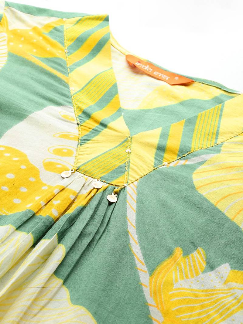 Floral Printed Pleated Sequinned Pure Cotton Kurta with Palazzos