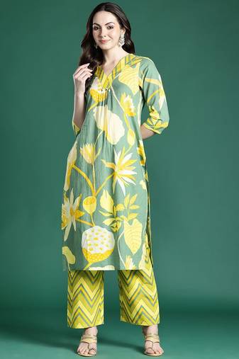 Floral Printed Pleated Sequinned Pure Cotton Kurta with Palazzos