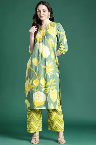 Floral Printed Pleated Sequinned Pure Cotton Kurta with Palazzos