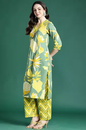 Floral Printed Pleated Sequinned Pure Cotton Kurta with Palazzos