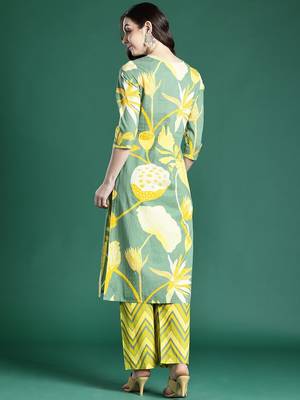 Floral Printed Pleated Sequinned Pure Cotton Kurta with Palazzos 6