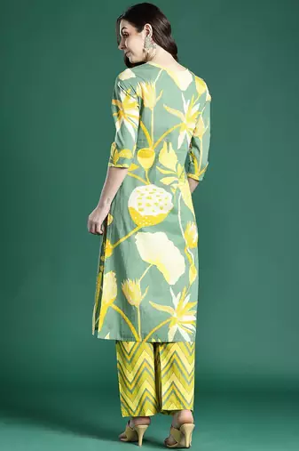 Floral Printed Pleated Sequinned Pure Cotton Kurta with Palazzos