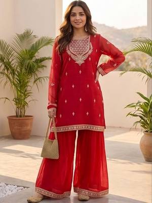 Women Ethnic Motifs Embroidered Thread Work Kurta with Sharara & With Dupatta 5