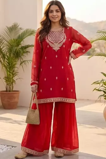 Women Ethnic Motifs Embroidered Thread Work Kurta with Sharara & With Dupatta
