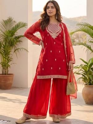 Women Ethnic Motifs Embroidered Thread Work Kurta with Sharara & With Dupatta 1