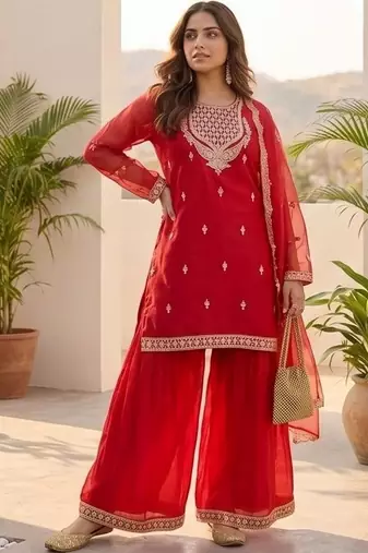 Women Ethnic Motifs Embroidered Thread Work Kurta with Sharara & With Dupatta