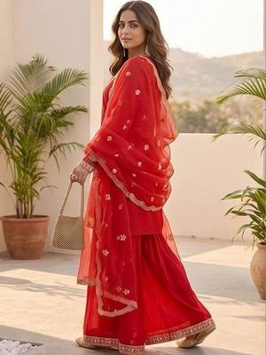 Women Ethnic Motifs Embroidered Thread Work Kurta with Sharara & With Dupatta 6
