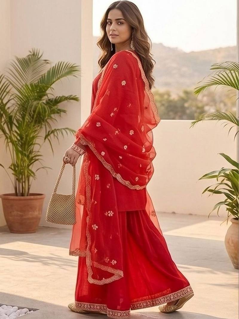 Women Ethnic Motifs Embroidered Thread Work Kurta with Sharara & With Dupatta