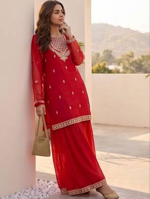 Women Ethnic Motifs Embroidered Thread Work Kurta with Sharara & With Dupatta 7