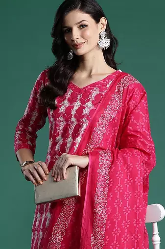 Ethnic Motifs Printed Pure Cotton Kurta With Trousers & Dupatta